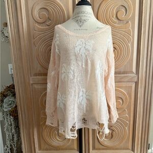 Wildfox Peach Palm Tree Knit Women's Lightweight Destructed Sweater Size M